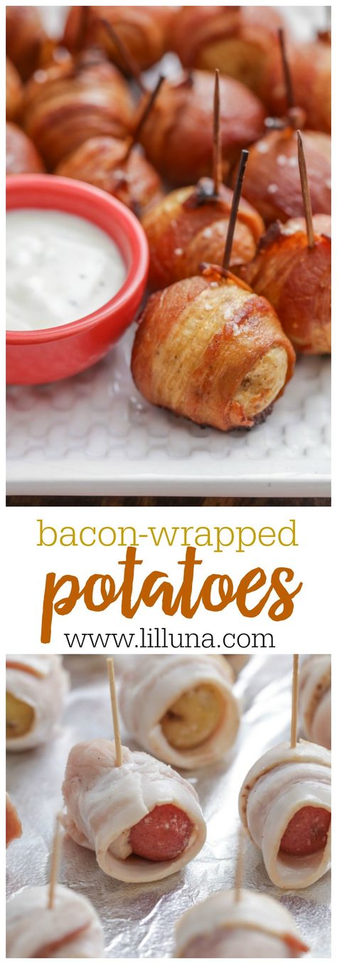 Bacon Wrapped Potatoes - a delicious appetizer combing two favorite ingredients - bacon and potatoes perfect with ranch. Essen, Potatoes Baked In Oven, Bacon Appetizer, Bacon Wrapped Potatoes, Bacon Wrapped Appetizers, Baked Appetizers, Potato Appetizers, Potatoes Baked, Bacon Potato