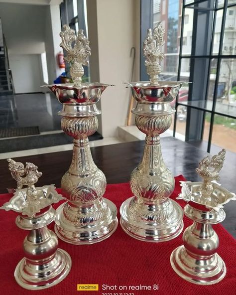 Silver Lamps For Pooja With Price, Silver Lamps, Brass Diyas, Silver Things, Gold Earrings For Men, Silver Articles, Pooja Decor, Diya Lamp, Gold Jewels Design