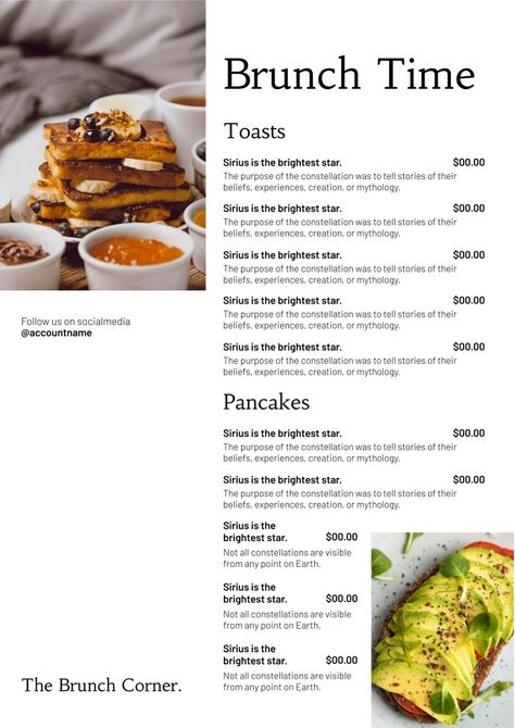 Professional Minimalist The Brunch Corner Menu Brunch Menu Design, Brunch Menu Ideas, Brunch Time, Brunch Menu, Brunch Ideas, Menu Template, Menu Design, Free Graphic Design, The Help