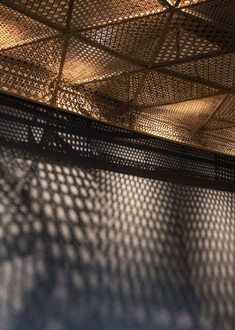 Kempinski Hotel, Bamboo Ceiling, Bar Ceilings, Half Walls, Chief Architect, Frederic Malle, Bamboo Weaving, Perforated Metal, Rustic Materials