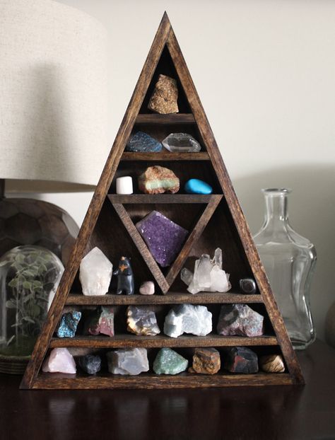 Large Crystal and Mineral collection in handmade by stoneandviolet Geology Bedroom, Rock Collection Display, Gem Display, Wooden Pyramid, Rock Display, Decoration Hall, Bear Sculptures, Crystal Display, Mineral Collection