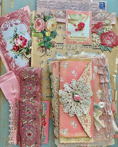 Nazy Cardiel on Instagram: "A collection of pink, reds, and magentas💕 In top right the corner theres a beautiful long pink antique envelope from Paris, a fabric sample piece, and a polaroid from Rosabella’s Diary. Floral appliqués, die-cuts, and beautiful sequin trim to compliment my journals and envelopes! The journal is Rosabella’s Sewing Diary and the envelope is from my Victorian envelope kit #journal #junkjournal #artjournal #scrapbook #diary #pink #textile #sewing #envelope #collageart Journal Handmade, Textiles Scrapbook, Decorating Envelopes, Envelope Decoration, Pink Diary, Crafting Aesthetic, Pink Junk Case, Pink Junk Journal, Fabric Ruffles For Junk Journals