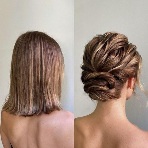 Shoulder-Length Hair Wavy Updo Medium Length Up Dos Wedding, Wedding Upstyles Medium Length, Updo Shoulder Length Hair Wedding, Hair Updos For Shoulder Length Hair, Shoulder Length Wedding Updo, Updo Hairstyles Shoulder Length Hair, Mid Length Hair Updo Wedding, Wedding Updo Shoulder Length Hair, Bridal Updo Medium Length Hair