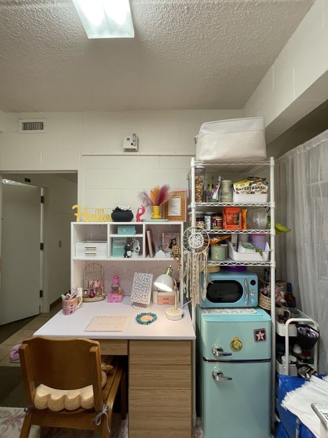 FRIDGE DORM ROOM DESK HUTCH DESK CONTACT PAPER DORM ROOM INSPO FOR FRESHMAN DORM BLUE FRIDGE Desk Contact Paper, Shelf Above Fridge, Dorms Ideas, Dorm Blue, Dorm Room Shelves, Blue Fridge, Hutch Desk, Dorm Room Desk, Dorm Room Inspo