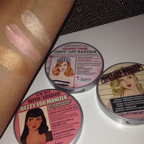 Shine bright like a diamond! The Balm Cosmetics Highlighters! L-R: Betty Lou-Manizer, Cindy Lou-Manizer & Mary Lou-Manizer! Makeup List, Cindy Lou, Makeup Swatches, List Ideas, Shine Bright Like A Diamond, Makeup Obsession, Kiss Makeup, Makeup Goals, Makeup Brands