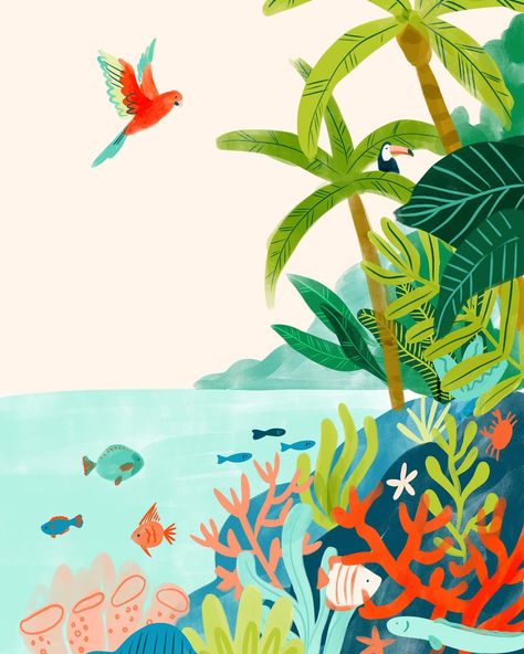 Rainforest + Reef. Love the idea of these two being connected 🌴🪸 #livingland2024 * * * #rainforest #coralreef #coral #landscapeillustration #illustrationartists #natureillustration #artlicensing #tropicalillustration #tropicalart Coral Reef Illustration, Rainforest Illustration, Rainforest Art, Ocean Illustration, Typography Ideas, Mangrove Swamp, Tropical Illustration, Work Art, Tropical Rainforest