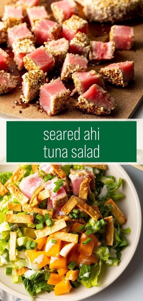 Seared Sesame Crusted Ahi Tuna Salad Recipe – These refreshingly delicious salads are loaded with seared Ahi tuna steaks, mango, avocado, crispy wonton strips, and scallions. Plus, a drizzle of lime aioli adds even more bright flavor to every bite! Ahi Salad Recipe, Tuna Steak Salad Recipes, Ahi Tuna Salad Dressing, Ahi Tuna Steak Recipe Seared, Ahi Tuna Dinner, Ahi Tuna Salad Recipe, Tuna Steak Salad, Seared Ahi Tuna Salad, Ahi Tuna Steak Recipe