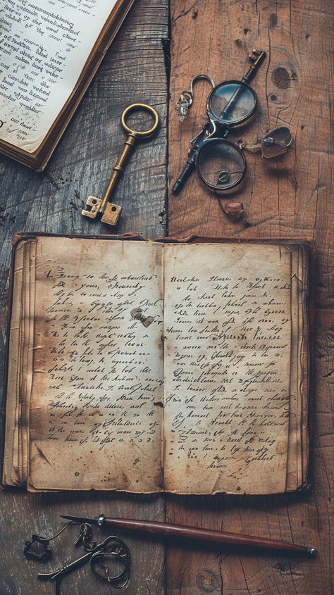 Antique Writing Essentials: An open antique book rests on a wooden desk alongside a vintage key and glasses. #antique #book #vintage #writing #desk #aiart #aiphoto #stockcake ⬇️ Download and 📝 Prompt 👉 https://ayr.app/l/hDgQ Old Journal Aesthetic Writing, Vintage Key Aesthetic, Opened Book Aesthetic, Book Travel Aesthetic, Vintage Book Photography, Vintage Things Aesthetic, Genealogy Aesthetic, Writing Novel Aesthetic, Open Book Picture