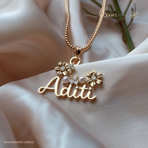 Add floral design to your name. #namependant #namenecklace #personalisedjewellery #goldnamependant Name Mangalsutra Designs Gold, Name Mangalsutra Designs, Name Necklace Design, Necklace Name Design, Locket Design, Black Beads Mangalsutra, Black Beads Mangalsutra Design, Anklet Designs, Modern Gold Jewelry