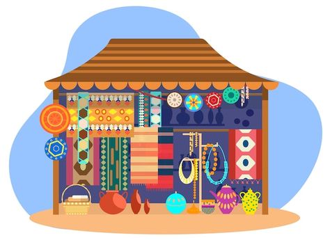 Bazaar Market, Shop Pottery, Market Illustration, Outdoor Pottery, Cartoon Building, Shopping Clipart, Souvenir Store, Indian Illustration, School Materials