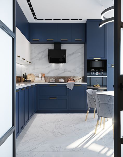 Kitchen Layout, Petrol Blue Kitchen Cabinets, Petrol Blue Kitchen, Blue Kitchen Designs, Arsitektur Art Deco, Kitchen Colour Combination, Kitchen Colour, Navy Kitchen, Kitchen Layouts