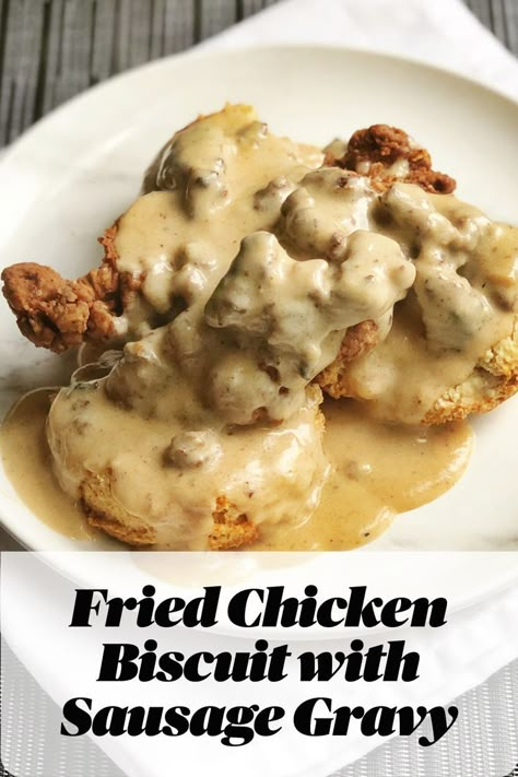 The ultimate comfort breakfast here in South Louisiana. Find this recipe and other great recipes on PontchartrainKitchen.com #friedchicken #sausagegravy #biscuits #breakfast #breakfastrecipe #comfortfood #chickenbiscuit #southernfood