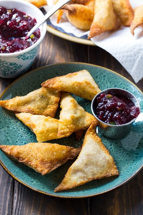 Thanksgiving Wontons made from leftover turkey and cranberry sauce Thanksgiving Wontons, Turkey Wontons, Thanksgiving Party Ideas, Football Finger Foods, Wonton Recipe, Turkey And Cranberry, Spicy Southern Kitchen, Turkey Cranberry, Cranberry Salsa