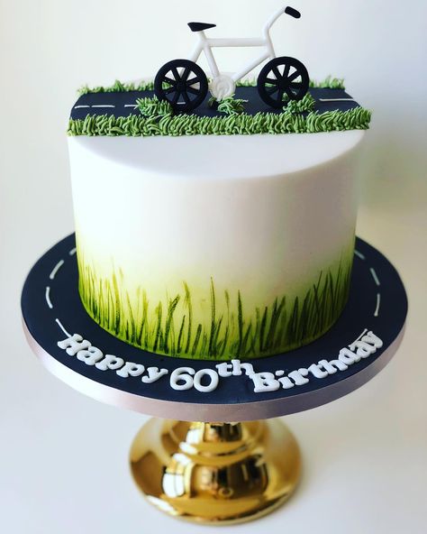 Sarah on Instagram: “Love this Simple but Perfection Bike Cake for a man turning 60!💛 #bikecake #grasseffect #luxurycakes #birthdaycakes #customcakes #funcakes…” Bike Cake Designs For Men, Cycling Cake For Men, Fondant Bicycle, Cyclist Birthday Cake, Bike Cake Design, Cyclist Cake, Bike Birthday Cake, Cycling Cake, Cake Frosting Designs