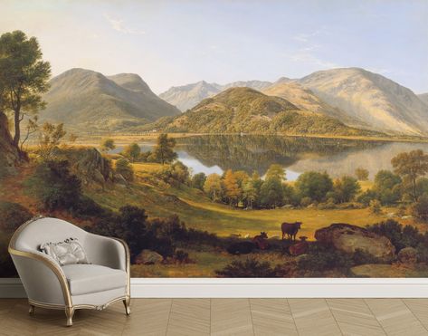 "Transform your space into a picturesque countryside escape with our Vintage Landscape Wall Mural Wallpaper. This peel and stick masterpiece will transport you to a serene rural painting, right in the comfort of your own home. Easy to apply and remove, it's the perfect way to add a touch of vintage charm to any room. Get ready to immerse yourself in the beauty of nature without ever leaving your couch! QUALITY -self-adhesive vinyl -ultra-removable adhesive -fade-resistant premium inks -washable Mural Mountains, Landscape Mural Wallpaper, Rural Painting, Painting Wall Mural, Landscape Mural, Scenic Wallpaper, Mountain Wallpaper, Cottage Art, Wallpaper Peel And Stick