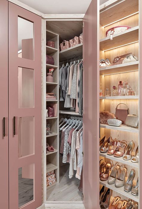 Inspiration INTRODUCING OUR PINK FITTED WARDROBE Pink has been making a bold statement in the design world over the past year. A fresh alternative to the usual off white or grey it’s perfect for both walls and statement furniture. We’re delighted to introduce a new romantic shade of pink, ‘Pink Dusk’ to our exclusive palette of paint colours. Our pink fitted wardrobe epitomises old-school Hollywood glamour, giving a lavish feel to 21st-century bedrooms and dressing rooms. The colour can be beaut Pink Fitted Wardrobes, Pink Closet Aesthetic, Pastel Closet, Closet Painting, Neville Johnson, Pink Bedroom Furniture, Fitted Wardrobe, Pink Closet, Pink Wardrobe