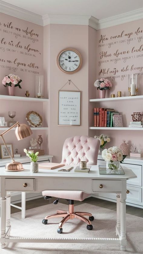 daisy flower Shabby Chic Office Cubicle Decor, Home Workspace Inspiration, Very Small Office Ideas, Inviting Office Decor, Office Work Space Ideas, Small Study Room Decor, Work From Home Office Ideas Small Spaces, Blush Home Office, Small Office Room Ideas