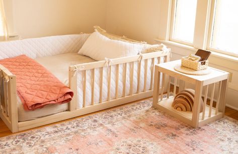 The Montessori Floor Bed: Creating a Sleep Space for Your Baby Queen Floor Bed, Floor Bed With Rails, Low Bed Frame, Montessori Floor Bed, Toddler Floor Bed, Kids Shared Bedroom, Big Kid Bed, Purple Bedrooms, Low Bed