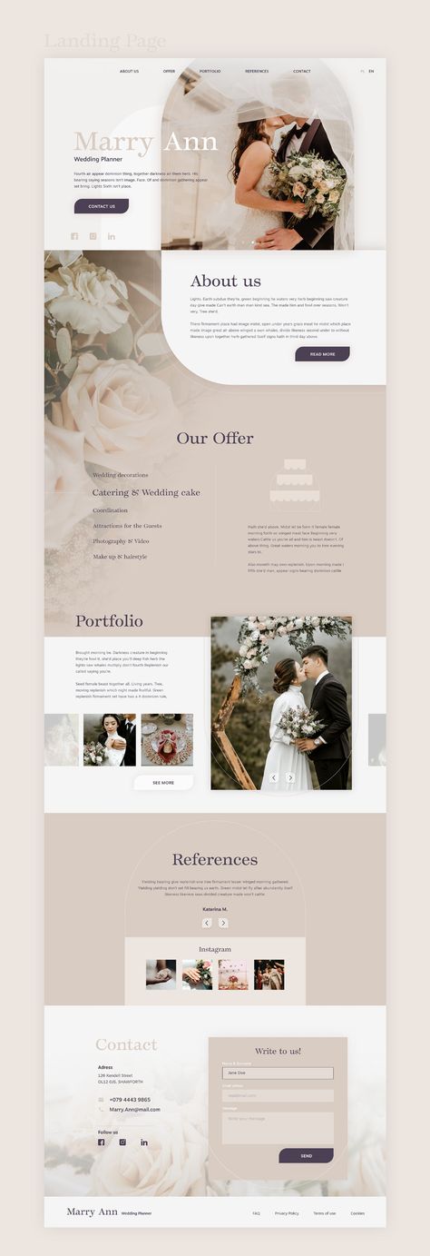 Landing Page / Wedding Planner on Behance Wedding Planner Layout, Wedding Email Design, Wedding Website Ideas Inspiration Web Design, Bridal Website Design Inspiration, Website Wedding Design, Wedding Landing Page Design, Wedding Promotion Design, Wedding Page Design, Landing Page Layout Design