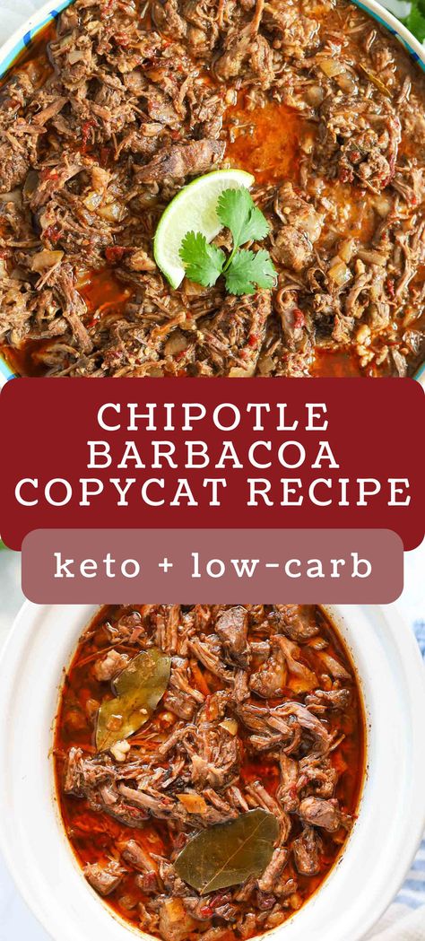 This copycat chipotle barbacoa meat recipe is perfect for meal prepping. It's made in a slow cooker to make tender beef that can be served in tacos, burrito bowls, or even on a fresh bed of lettuce! crockpot recipes | keto slow cooker recipes | keto chipotle recipes Essen, Keto Barbacoa, Slow Cooker Burrito, Chipotle Barbacoa, Beef Barbacoa Slow Cooker, Paleo Slow Cooker Recipes, Low Carb Slow Cooker Recipes, Crockpot Meat, Beef Barbacoa