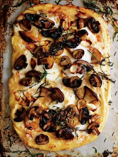 polenta and mushroom pizza with taleggio and tarragon from donna hay Polenta Pizza, Donna Hay Recipes, Pizza Vegana, Polenta Recipes, Mushroom Pizza, Donna Hay, Think Food, Essential Nutrients, Polenta