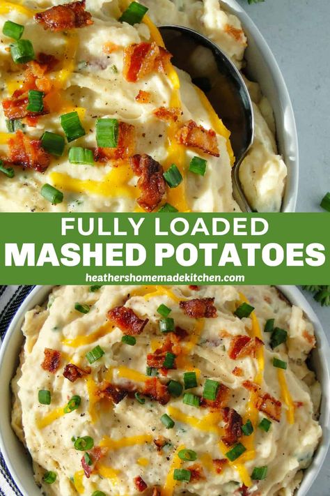 This Loaded Mashed Potatoes Recipe features creamy mashed potatoes filled with cream cheese, sour cream, cheddar cheese, garlic and bacon. These are loaded to the ultimate decadency. A side dish no one will refuse! Bacon Mashed Potatoes Recipe, Mashed Potatoes Recipe Cream Cheese, Fully Loaded Mashed Potatoes, Loaded Mashed Potatoes Recipe, Cream Cheese Mashed Potatoes, Loaded Mashed Potato Casserole, Cheddar Mashed Potatoes, Bacon Mashed Potatoes, Creamy Mashed Potatoes Recipe