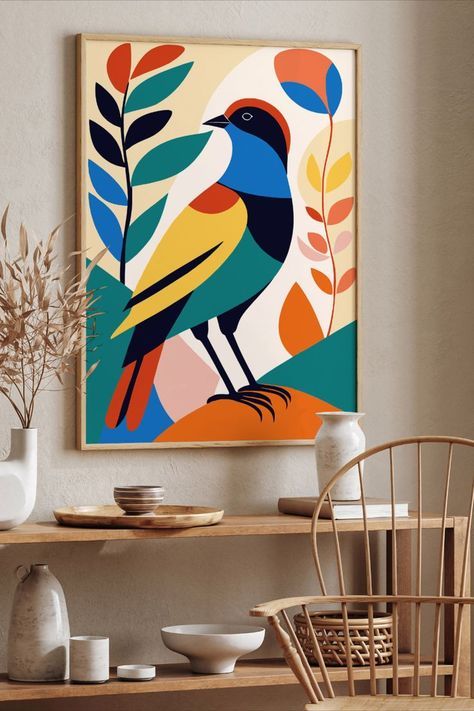 Vibrant Colorful Bird Art Print - Modern Abstract Nature Inspired Wall Decor - Stylish Geometric Animal Illustration Poster for Home Decor #matisse #poster #wallart #natureart Abstract Painting Acrylic Modern, Poster Color Painting, Modern Art Canvas Painting, Matisse Poster, Boho Painting, Beautiful Art Paintings, Easy Canvas Art, Soyut Sanat Tabloları, Abstract Art Painting Diy