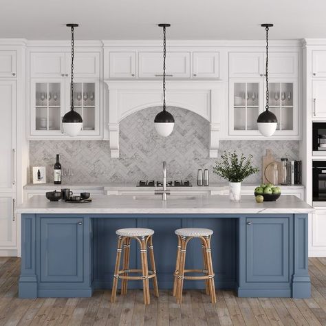 Blue And White Kitchen Cabinets Farmhouse, Country Chic Kitchen Cabinets, White Kitchen With Contrasting Island, Detailed Kitchen Cabinets, Slate Blue And White Kitchen, Blue And Gray Kitchen Decor Ideas, Modern Coastal Decor Dining Room, Kitchen Design Blue And White, Blue House Decor Ideas