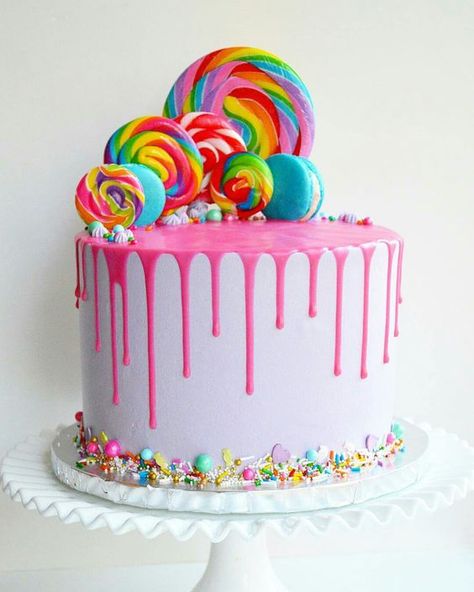 Elevate Your Cake Decorating Game Candy Theme Cake Birthday, Bright Colored Birthday Cake, Bolo Candy Color, Lollipop Cake Birthday, Candy Topped Cake, Candy Land Cake Ideas, Primary Color Cake, Colorful Cakes Birthday, Candy Cake Ideas Birthday