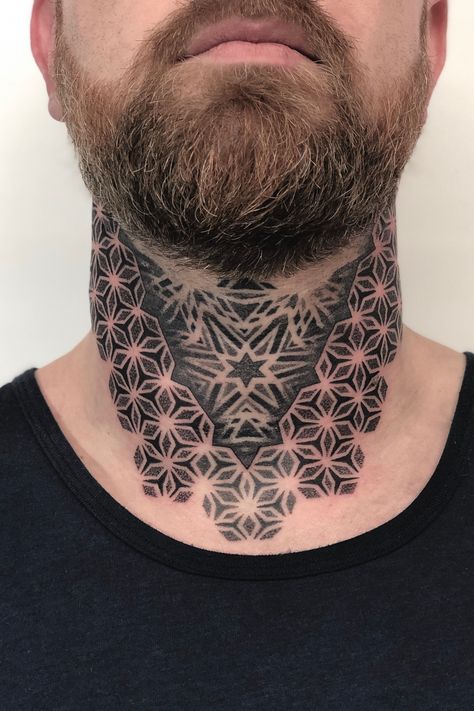 Pattern Neck Tattoo, Neck Tattoo Geometric, Neck And Throat Tattoos Men, Geometric Throat Tattoo, Mandala Tattoo Neck, Word Neck Tattoos, Neck Tattoo Men, Dotwork Tattoo Mandala, Front Neck Tattoo