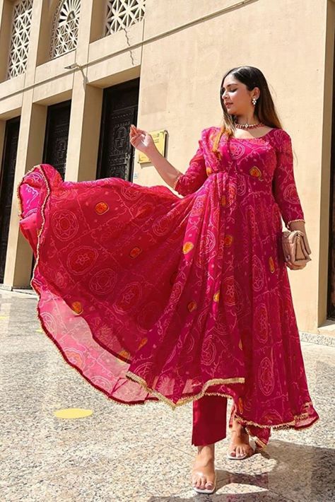 GoSriKi Women's Georgette Bandhini Printed Anarkali Kurta 
to brighten up your wardrobe
:) Stunning Amazon finds Bandhni Anarkali Suits, Bandhani Anarkali Suits, Bandhani Kurta Designs Women, Bandhni Suits Design, Bandhni Prints, Bandhani Anarkali Dress, Rajasthani Kurti, Bandhani Dress Party Wear, Ethinic Wears