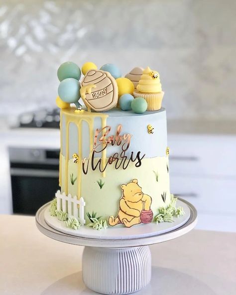 their Winnie The Pooh Cakes, Cake Ideas For Boys, Baby Shower Cake Ideas, Simple Baby Shower Cake, Pooh Bebe, Baby Shower Cake Designs, Pooh Cake, Winnie The Pooh Cake, Pastel Baby Shower