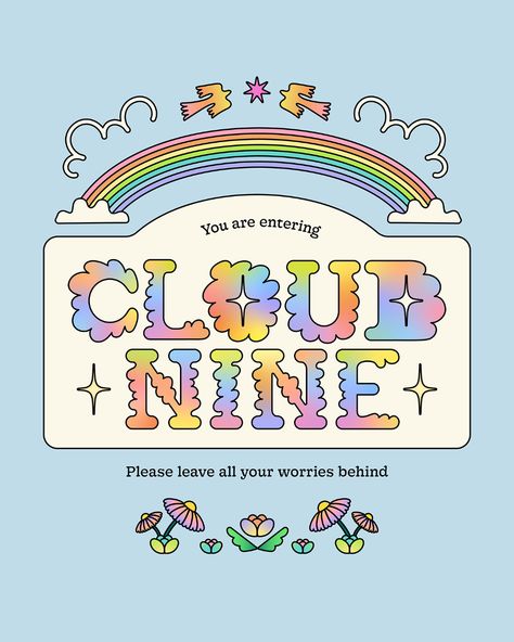 Day Off On Cloud Nine Illustration on Behance Cloud Graphic Design Illustrations, Cute Typography Poster, Cute Graphic Design Poster, Cute Graphic Poster, Cloud Poster Design, Kidcore Graphic Design, Astrology Typography, Cloud Illustration Design, Clouds Graphic Design