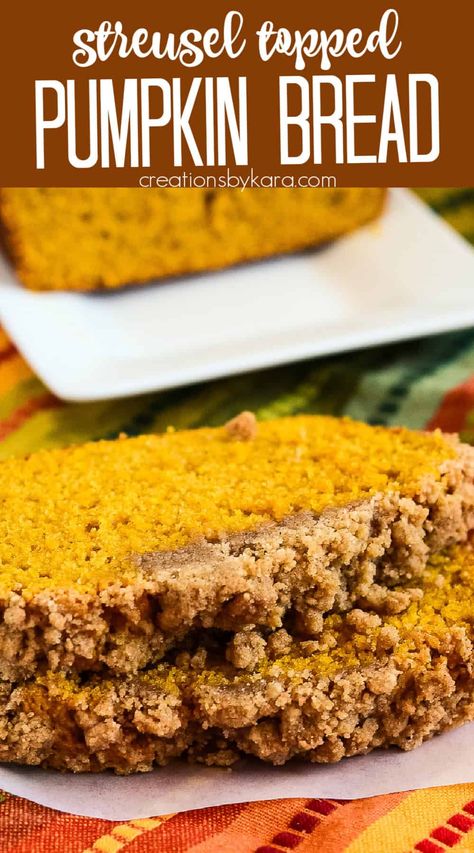 Perfectly spiced, moist pumpkin bread topped with a buttery crumb topping. The perfect fall treat any time of day! #pumpkinbread #crumbtopping @Creations by Kara Crumb Topping For Pumpkin Bread, Pumpkin Bread Crumble Topping, Pumpkin Bread Crumb Topping, Pumpkin Bread With Crumb Topping, Pumpkin Bread Streusel Topping, Pillsbury Pumpkin Bread Mix Recipes, Trader Joe’s Pumpkin Bread Hack, Pumpkin Bread Topping, Trader Joes Pumpkin Bread Mix Hacks