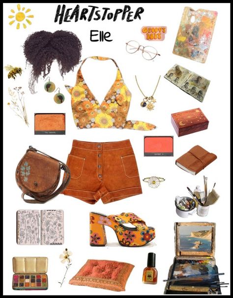 Elle inspired #outfit #moodboard #aesthetic #shoplook #polyvore #art #hoe # yellow #groovy #vintage #60s #70s Elle Heartstopper Outfits, Art Major Aesthetic Outfit, Artsy Clothing Aesthetic, Groovy Aesthetic Outfits, Art Major Aesthetic, Elle Heartstopper, Artsy Outfit Ideas, Artsy Clothing, Outfit Ideas Polyvore