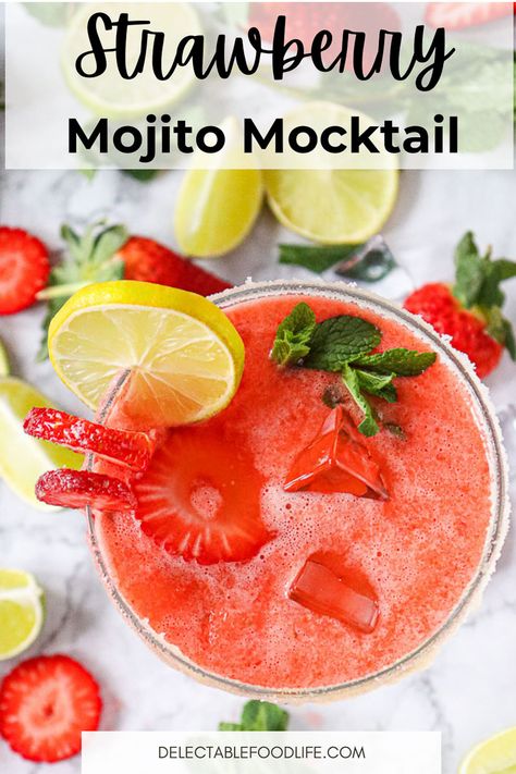 if you are looking for the most delicious Mojito Mocktail, you will love this Refreshing Virgin Strawberry Mojito Mocktail Recipe! It's easy, sparkling and colorful! Sweet Strawberries, fresh limes, simple syrup or agave nectar, mint, ice, and bubbly water combine into a fun twist on a Mojito. This fresh Strawberry Mojito Mocktail will be in your regular drink rotation. Strawberry Mojito Recipe Non Alcoholic, Strawberry Lime Mocktail, Strawberry Basil Mocktail, Agave Syrup Recipes, Virgin Strawberry Mojito, Strawberry Mojito Mocktail, Strawberry Mocktail Recipe, Strawberry Mocktail, Strawberry Mojito Recipe