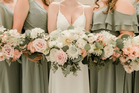 Dusty Pink White Green Wedding, Blush Pink And Sage Green Wedding Party, Pink Green Bouquet Wedding, Sage And Blush Bridesmaid Bouquet, Sage Green Bridesmaid Dresses With Pink Flowers, Sage Green Blush Pink Ivory Wedding, Blush Pink And Sage Green Wedding Ideas, Sage Green And Blush Pink Bouquet, Sage Green And Blush Flower Arrangements