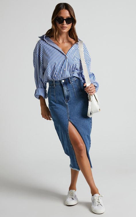 Janeve Midi Skirt - Front Split Denim Skirt in Dark Blue | Showpo USA Denim Jeans Outfit Summer, Blue Denim Skirt Outfit, Dark Denim Outfit, Long Denim Skirt Outfits, Skirt Outfits For Women, Split Denim Skirt, Denim Skirt Outfit Summer, Skirt Lookbook, Blue Denim Jeans Outfit