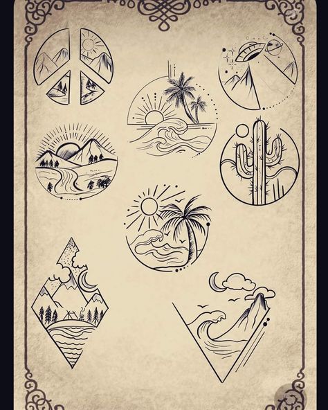 Circle Ocean Tattoo, Mountain And Ocean Tattoo, Obx Tattoos, Simple Ocean Tattoo, Travel Tattoo Ideas, Beachy Tattoos, Learn To Tattoo, Hawaii Tattoos, Ocean Drawing