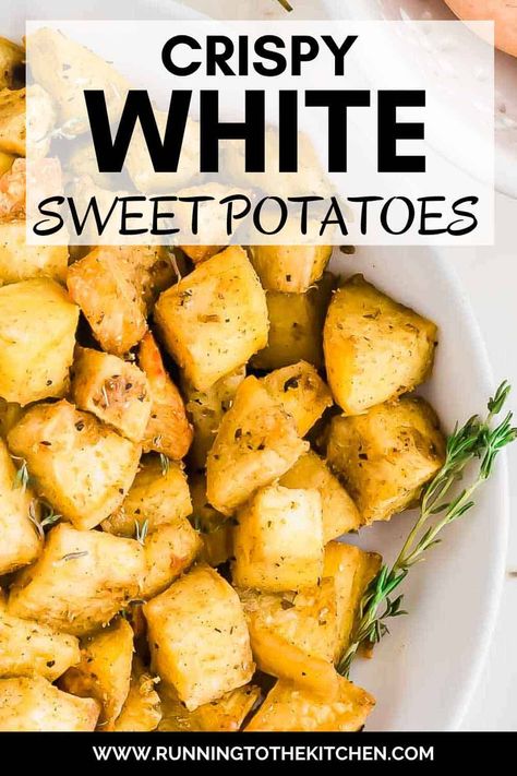 Crispy roasted white sweet potatoes are a delicious twist on a classic side dish! This easy white sweet potato recipe uses simple spices and fresh herbs to create perfectly caramelized cubes that are great with any meal. Whether you're new to white sweet potatoes or looking for a fresh recipe, this dish is perfect for breakfast with eggs or as a dinner side. Yellow Sweet Potato Recipes, White Sweet Potatoes Recipes, White Yams Recipe, White Sweet Potato Recipes, White Sweet Potato Recipe, Sweet Potato Side Dish Recipes, White Sweet Potato, Edges Simple, Sweet Potato Oven