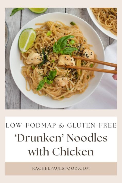 Chewy, spicy, and super flavorful low-FODMAP 'Drunken Noodles'.  Packed with Chicken for added protein.  You will love this recipe!   Gluten-free and Dairy-free. Low Fodmap Noodle Recipes, Low Fodmap Thai Recipes, Low Fodmap Rice Noodle Recipes, Low Fodmap Pad Thai, Low Fodmap Dairy Free Recipes, Low Fodmap Fall Recipes, Fodmap Recipes Lunch, Low Fodmap Dinner Recipes, Low Fodmap Chicken Recipes