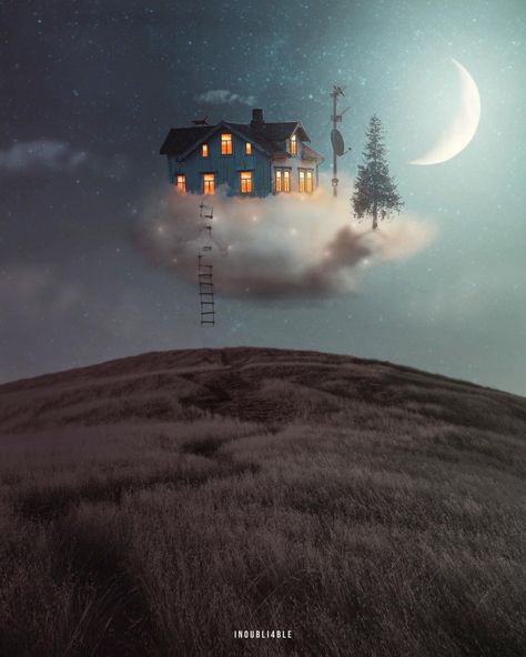 House On Clouds, Cloud Edit, House In The Clouds, Cloud House, Surreal Artwork, Surreal Photos, House Sketch, Web Design Graphic, Digital Art Gallery