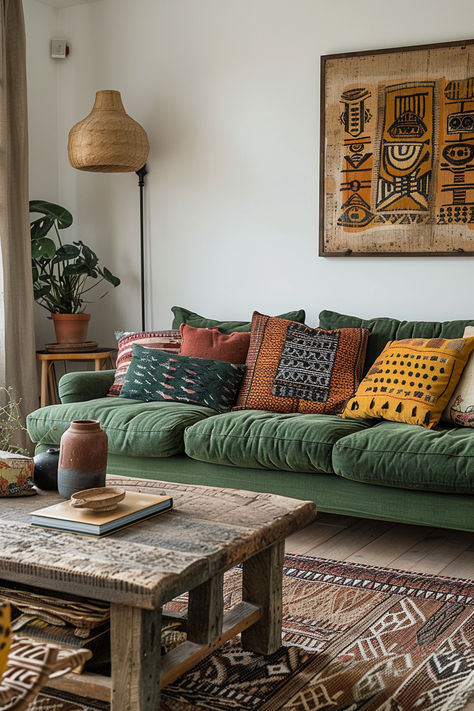 living room ideas, living room inspo, boho living room, afrohemian living room, afrohemian home decor Green Wall Interior Design Living Room, Global Eclectic Decor Inspiration, African Art Decor, Home Decor Inspo Living Room, Afroboho Living Room, How To Style A Room, African Boho Decor, Green Accent Room, Art On Walls Living Room