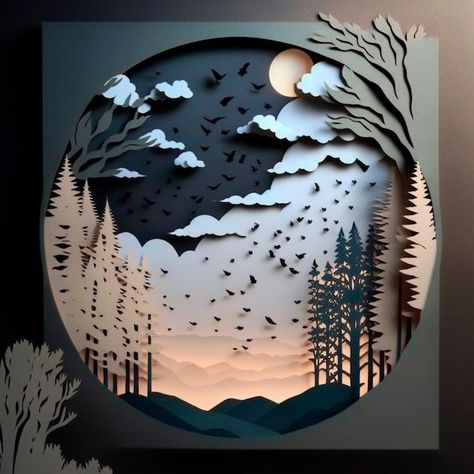 Transparent Paper Craft, Paper Layer Art, Paper Layering Art, Paper Shadow Box Art, Origami Landscape, Layered Papercut Art, 3d Layered Paper Art Tree, Papercut Landscape, Cricut Layered Paper Art Freepaper Cut Layers