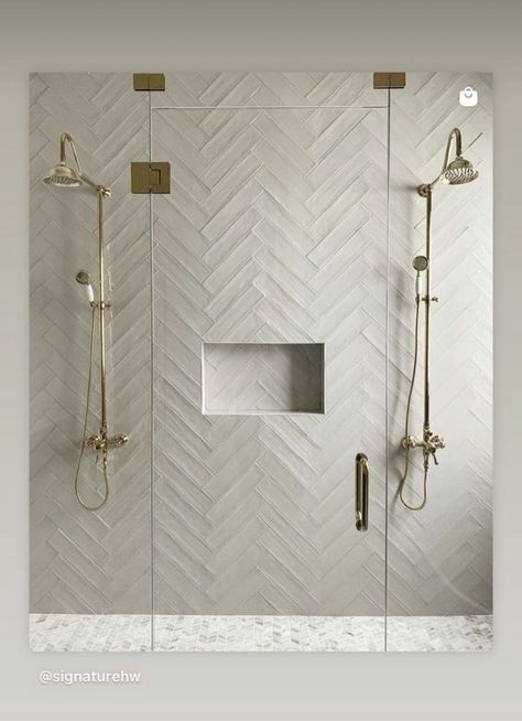 Pearlescent Shower Tile, European Chic Interior Design, Side By Side Double Shower Head Master Baths, Spa Bathroom Shower Ideas, Walk In Shower Ideas Stone, Long Bathroom Ideas Decor, Herringbone Shower Tile With Tub, Glam Bathroom Tile Ideas, Shower Behind Tub Wall