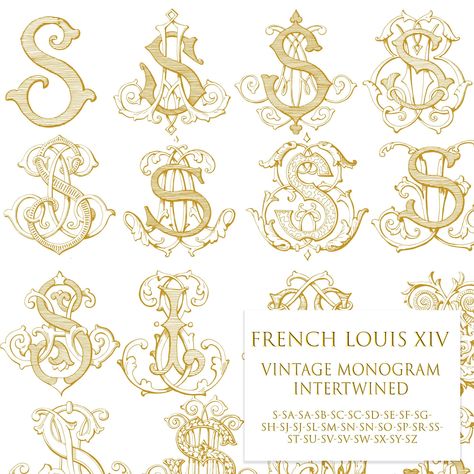 FRENCH LOUIS XIV MONOGRAMS S BUNDLE SVG + VINTAGE MONOGRAM INTERTWINED- Vintage Monogram S-A -S-Z instant download (S-SA-SA-SB-SC-SC-SD-SE-SF-SG-SH-SJ-SJ-SL-SM-SN-SN-SO-SP-SR-SS-SS-ST-SU-SV-SV-SW-SX-SY-SZ) Digital Download INCLUDES: *single monogram sale is $45 Vector files: (resizable to any size) -- Sizes This listing is for only the monogram exactly as shown in the pictures. It is not editable and doesn't change to other letters, and your purchase doesn't include any change to the design or letters.. #FreeMonogramFonts #MonogramDesign #MonogramIdeas #MonogramFontCollection #MonogramFontLove Influencer Branding, K Monogram, Free Monogram Fonts, Monogram Letter S, Free Monogram, Monogram Ideas, Adobe Illustrator Tutorials, Embroidery Monogram, Vintage Monogram