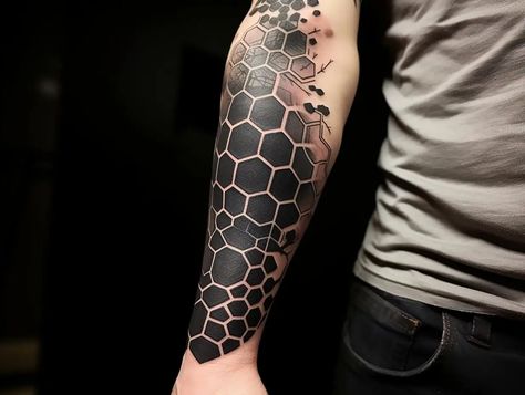 Hexagon Tattoos: Designs + Ideas For Men and Women Black And White Honeycomb Tattoo, Hexagon Tattoo Sleeve, Hexagon Sleeve Tattoo, Hexagon Tattoos, Hexagon Tattoo, Honeycomb Tattoo, Hyper Realistic Tattoo, Geometric Sleeve Tattoo, Geometric Sleeve