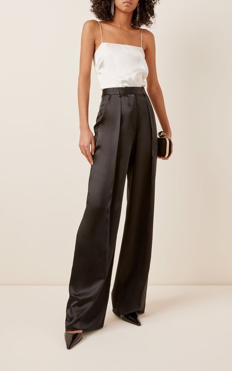 Satin Dress Pants Outfit, Black Pants Women Outfits, Black Satin Trousers Outfit, Satin Camisole Outfit, Trousers Outfit Night Out, Silk Trousers Outfit, Minimal Pants, Silk Pants Outfit, Satin Pants Outfit