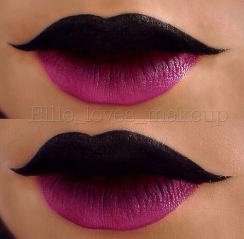 Black and pink ombre two tone lips #makeup Top Lip Black Lipstick, Dark Upper Lip Lipstick, Black Pink Lipstick, Pink And Black Make Up Looks, Top Black Lip Makeup, Top Lip Lipstick, Two Toned Lipstick, Black And Pink Lipstick, Dark Top Lip Makeup