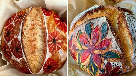 Painting On Sourdough, Painted Sourdough Bread, Paint Bread, Sourdough Painting, Bread Paint, Farmstand Recipes, Sourdough Art, Bread Painting, Painted Bread